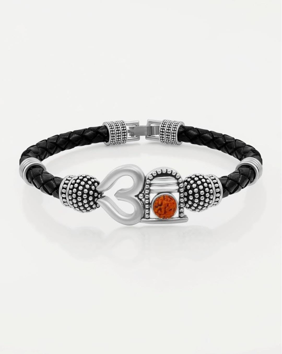 925 Sterling Silver Mahadev Trishul Rudraksha Leather Bracelet for Men