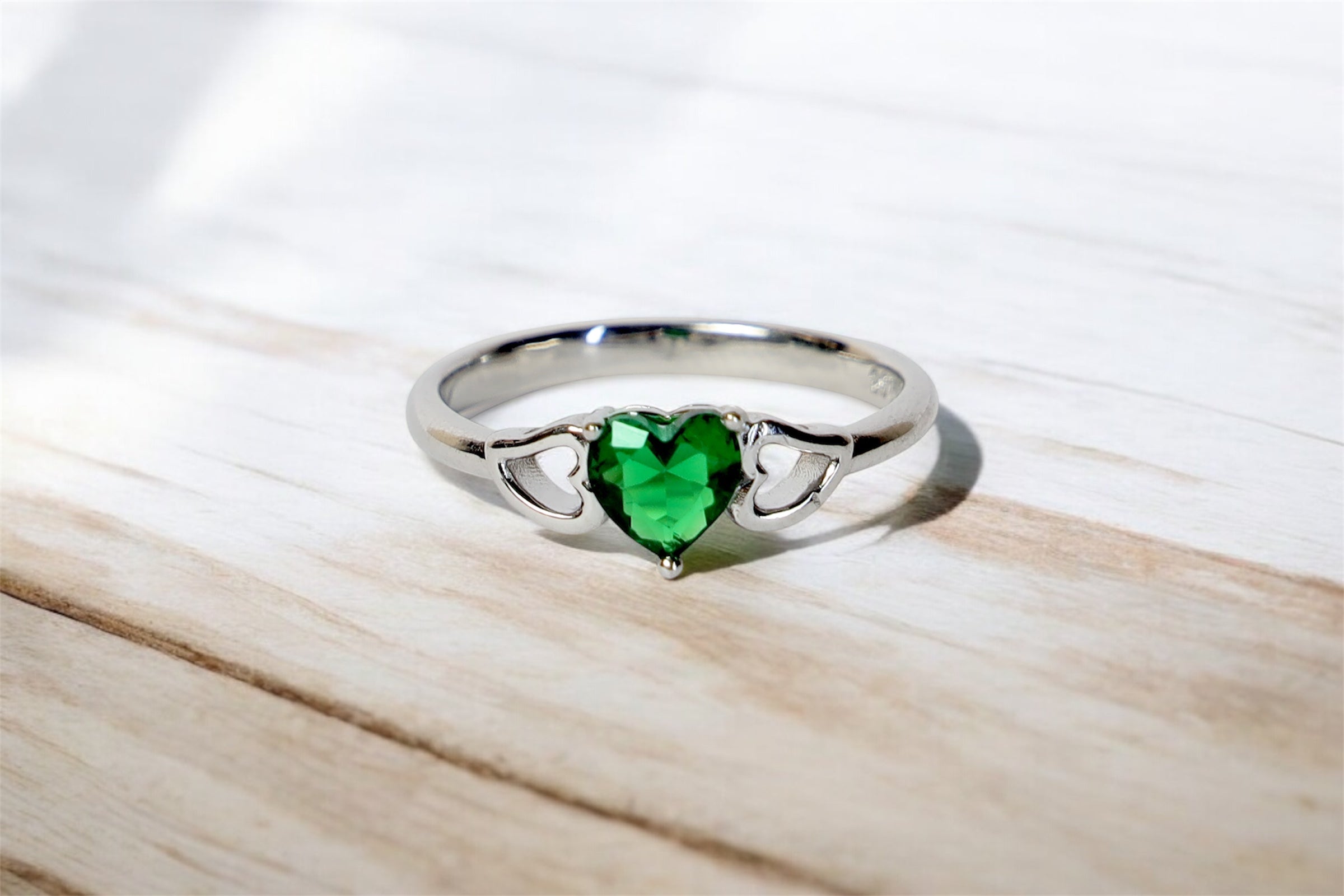 Green Heart Silver Ring